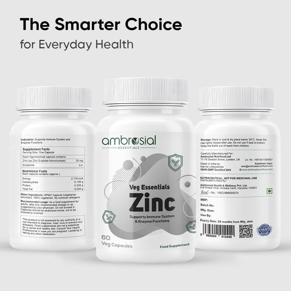 Ambrosial Zinc Supplements - High Strength 30 mg, Highly Bioavailable Zinc Supplement for Men & Women, Immune & Metabolism Support, Zinc Supplements, Pack of 1-60 Capsules