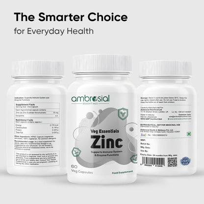Ambrosial Zinc Supplements - High Strength 30 mg, Highly Bioavailable Zinc Supplement for Men & Women, Immune & Metabolism Support, Zinc Supplements, Pack of 1-60 Capsules