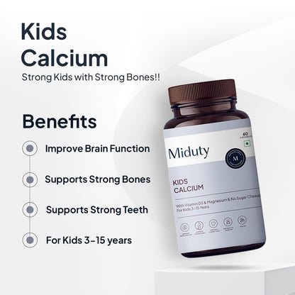Miduty by Palak Notes Kids Calcium with Vitamin D3 - K2 Magnesium No Sugar Added for Strong Bones, Brain Function, Immunity Booster, Strong Teeth Calcium Supplement Kids Multivitamin - 60 Chewables