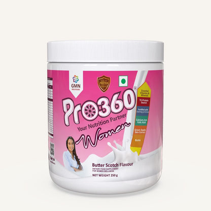 Pro360 Women Protein Rich Nutritional Supplement Enriched with Calcium, Iron for Stronger Bones and Improved Haemoglobin â€“ 25 Essential Nutrients with Evening Primrose â€“ Butterscotch Flavor â€“ 250G