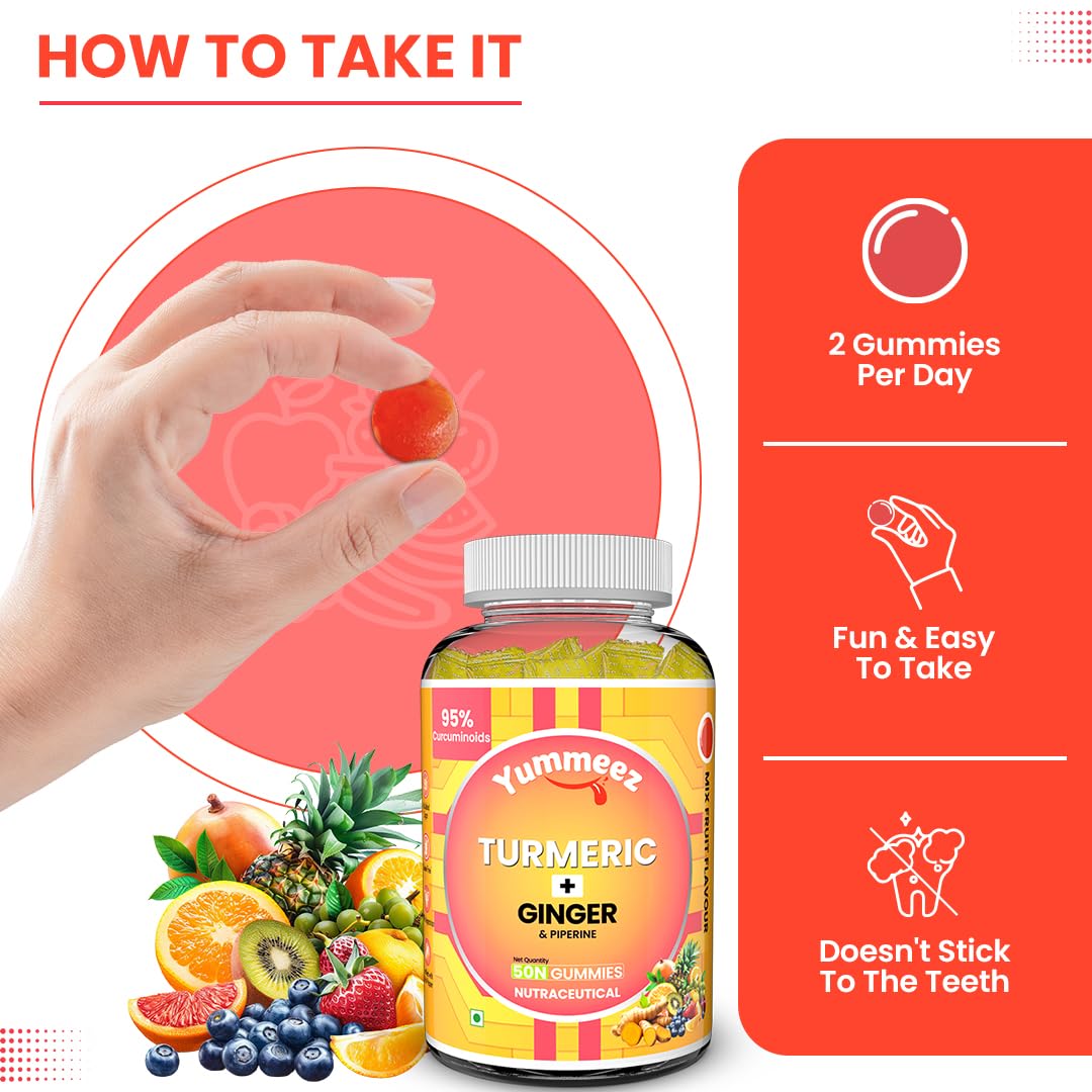 NATURYZ Turmeric + Ginger Gummies â€“ Lung detox Supplement with 95% Curcumin & Piperine | Powerful Joint, Immunity, Respiratory & Inflammation Support | High Absorption Formula with Curcuma Longa Extract | Vegan, Non-GMO, 50 Gummies (Mix Fruit Flavour)