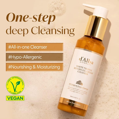 dâ€™alba Piedmont Italian White Truffle Return Oil Cream Cleanser, Vegan Skincare, Easy One Step Cleanser for Sebum & Makeup Removal, Hydrating Cleanser, for Sensitive Skin, Korean Skin Care, 150ml