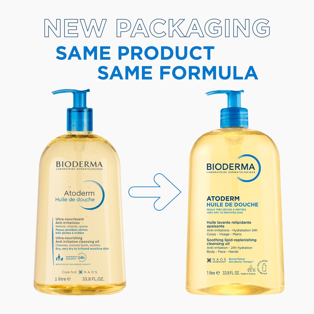 Bioderma Atoderm Huile de douche Anti-iritation Cleaning Oil | 24hrs Hydration | Face and Body Moisturizer | Soothes Discomfort - Dry to Very Dry Sensitive Skin - 1 Ltr