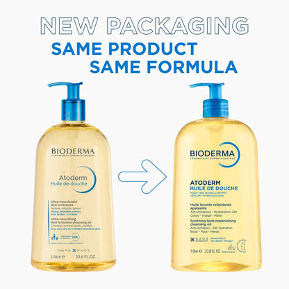 Bioderma Atoderm Huile de douche Anti-iritation Cleaning Oil | 24hrs Hydration | Face and Body Moisturizer | Soothes Discomfort - Dry to Very Dry Sensitive Skin - 1 Ltr