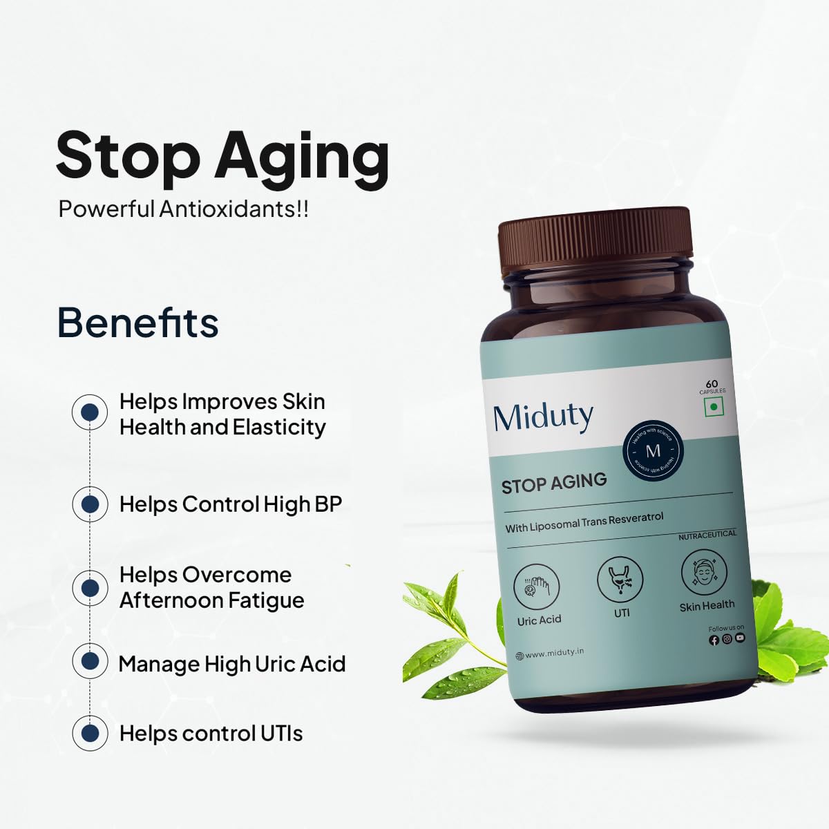 Miduty Stop Aging Powerful Antioxidant Formula to Slow Down Aging, Anti Aging Supplement for Youthful Skin - Anti Aging Capsules, Resveratrol Active Ingredient - Pack of 60