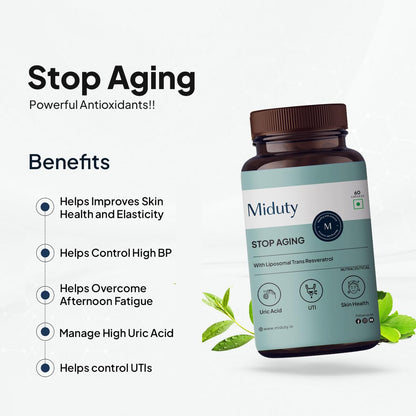 Miduty Stop Aging Powerful Antioxidant Formula to Slow Down Aging, Anti Aging Supplement for Youthful Skin - Anti Aging Capsules, Resveratrol Active Ingredient - Pack of 60
