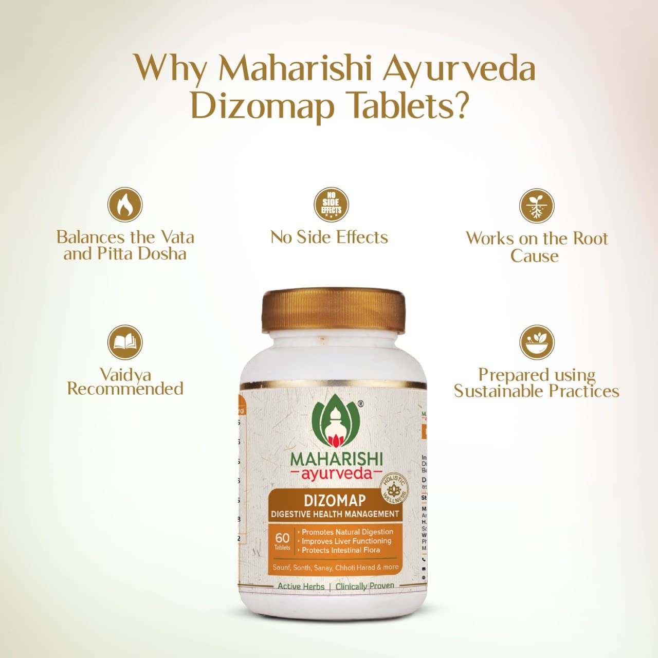 Maharishi Ayurveda Dizomap, Ayurvedic Tablet Medicine For Indigestion & Constipation, Improves Liver Functioning & Intestinal Flora, Saunf, Sonth, Sanay & Chhoti Harad, 60 Tablets