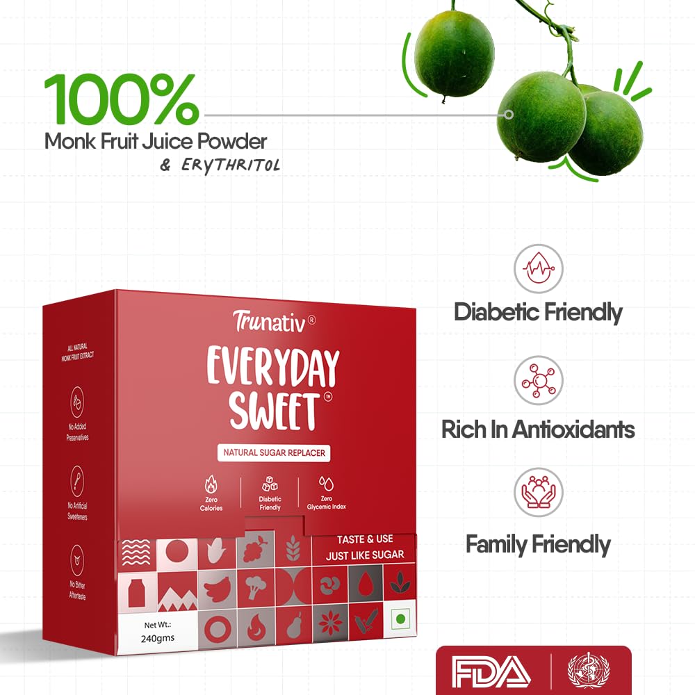 Trunativ Everyday Sweet | Monkfruit Sweetener Powder Loose Sugar Like Sweetener | Zero-Calorie Sugar Substitute | 1:1 Sugar Replacer for Cooking & Baking | Keto & Diabetic Friendly | 150g (Pack of 1).