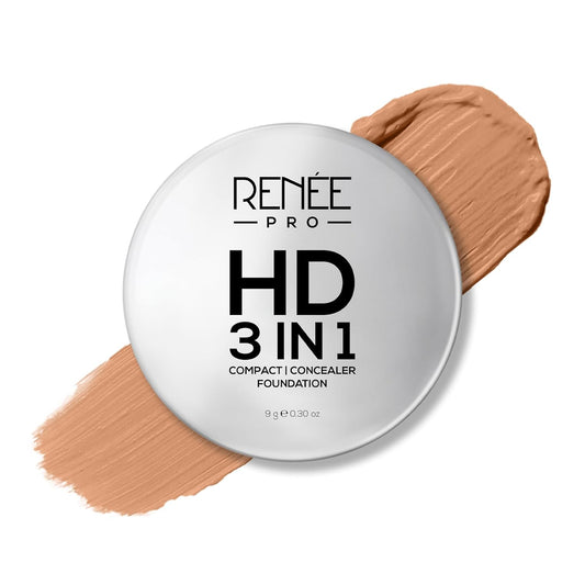 RENEE PRO HD 3 in 1 Compact, Concealer, Foundation - Miel, SPF 20, Matte Finish, High Coverage, Ultralight & Silky Smooth Finish, Enriched with Vitamin E, C & Aloe Vera - 9 Gm
