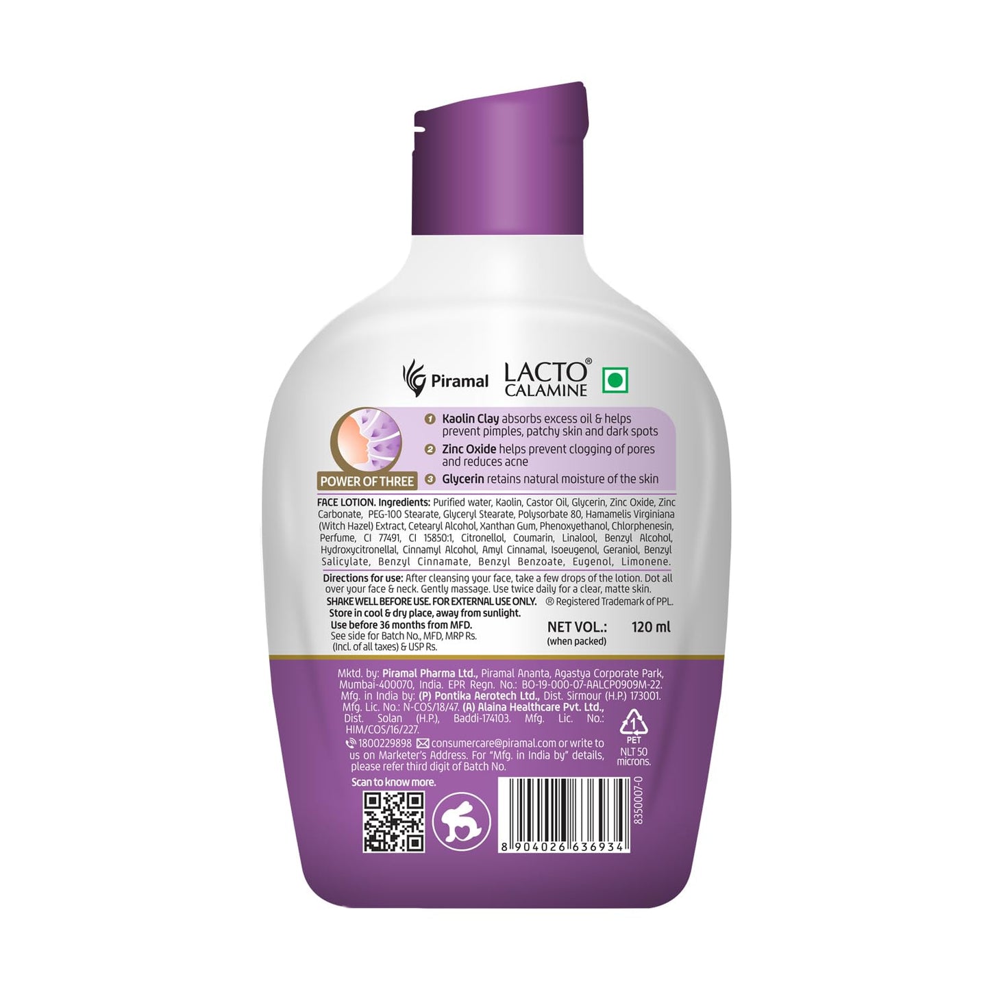 Lacto Calamine Face Lotion | 120ml | Daily Moisturizer For Face - Oily Skin | Kaolin Clay, Glycerine & Zinc Oxide | Abosrbs Excess Oil | Fights Pimples, Darkspots & Blackheads | Body Lotion