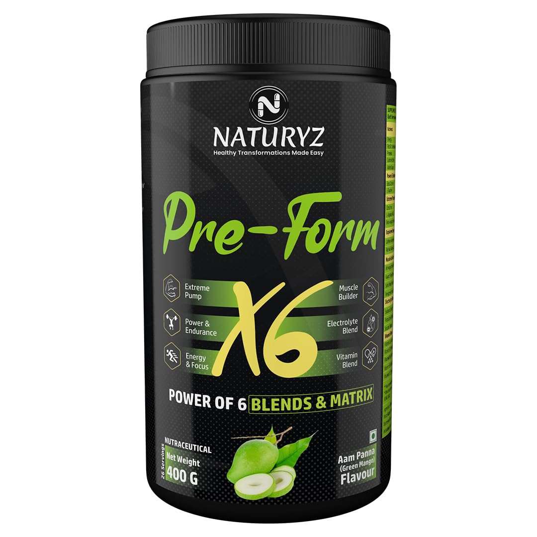 Naturyz Pre - Form X6 Pre Workout Supplement With Highest 19 Nutrients For Extreme Pump,Powder,Endurance,Energy,Focus,Muscle Builder,Vitamins & Electrolytes- 400 grams (Aam Panna Flavour)