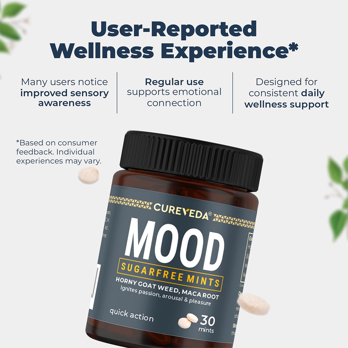 Cureveda Mood Mints for Him & Her | Herbal Mint Tablets for Mood Balance, Energy & Daily Wellness | Horny Goat Weed & Maca | Minty Fresh | Fast-Dissolving Tablets | 30 Mints