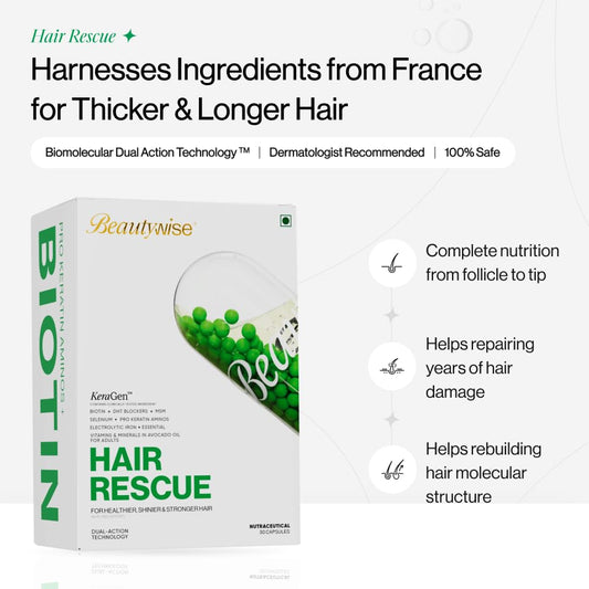 Beautywise HairRescue 30 Capsules| Biotin, Pro Keratin Amino Acids & DHT Blockers | For Hairfall Control & Hair Regrowth | Clinically Tested Ingredients in Dual-Action Capsules | Hair Care Supplement