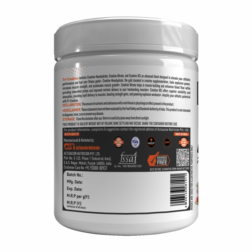 Tri Creatine Powder I Muscle Growth Supplement I 200 Gm I 40 Servings I Boosts Athletic Performance I Berry Breeze flavour
