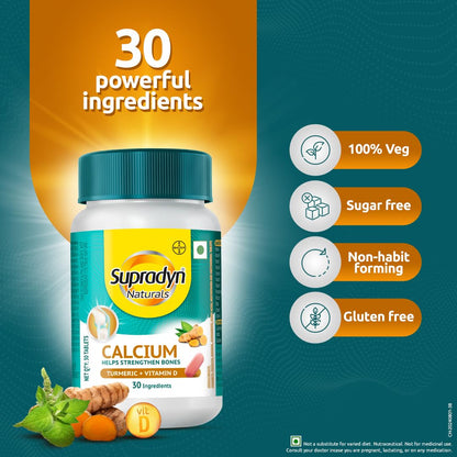 Supradyn Naturals Calcium for Men and Women (30 tablets)|Multivitamin with Vitamin D, Magnesium, Zinc, Vitamin B 12 & Turmeric|For Bone health and Joint support|Veg