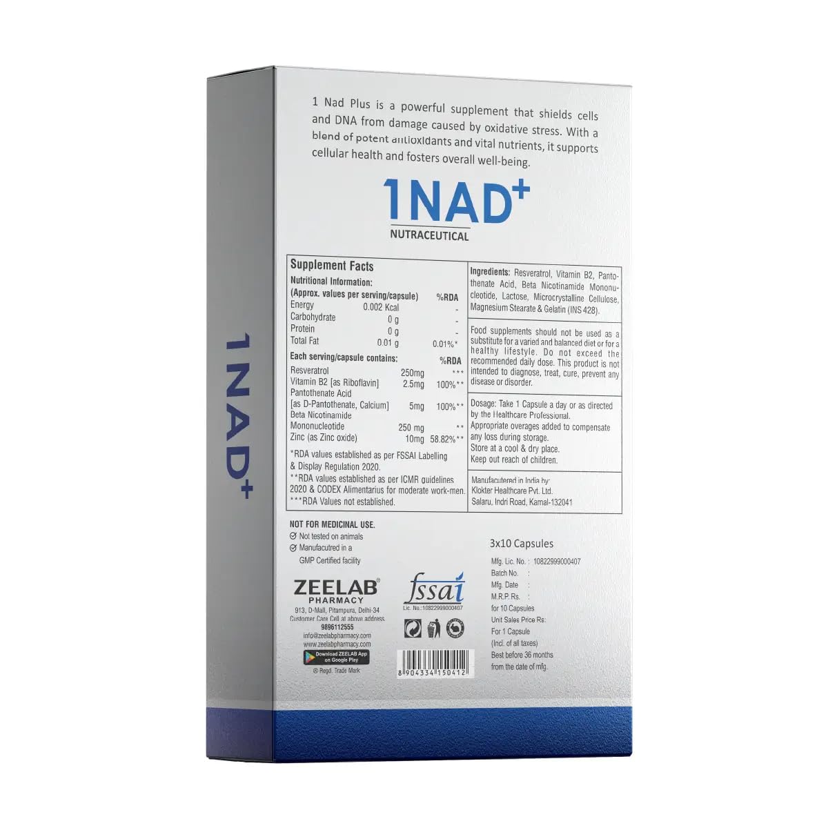 Zeelab 1 NAD+ Capsule with NMN & Resveratrol | Supports Energy, Metabolism & Healthy Ageing | With Vitamin B2, B5 & Zinc | Daily Wellness Supplement for Adults