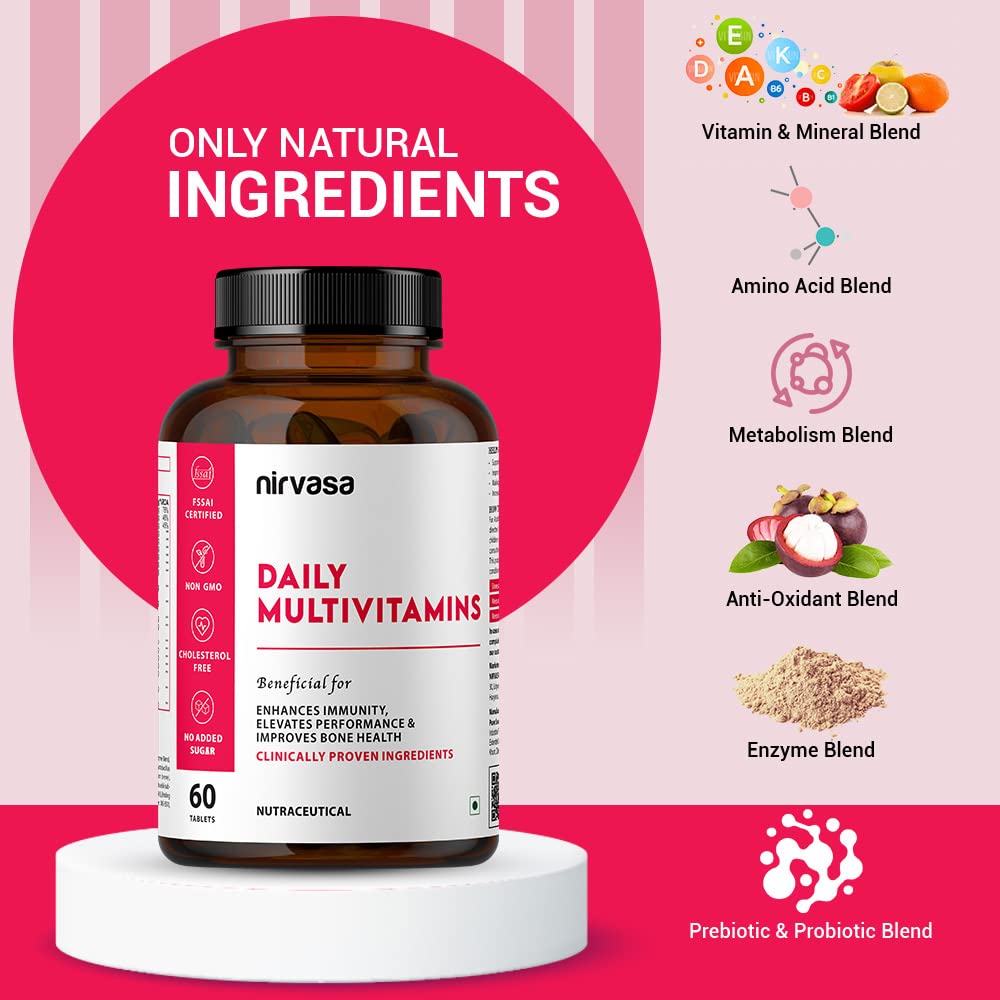 Nirvasa Daily Multivitamin Tablets for Men & Women | Enhances Immunity & Energy | Vitamin Tablets to Promote Healthy Bones, Joints & Muscles - 60 Tablets