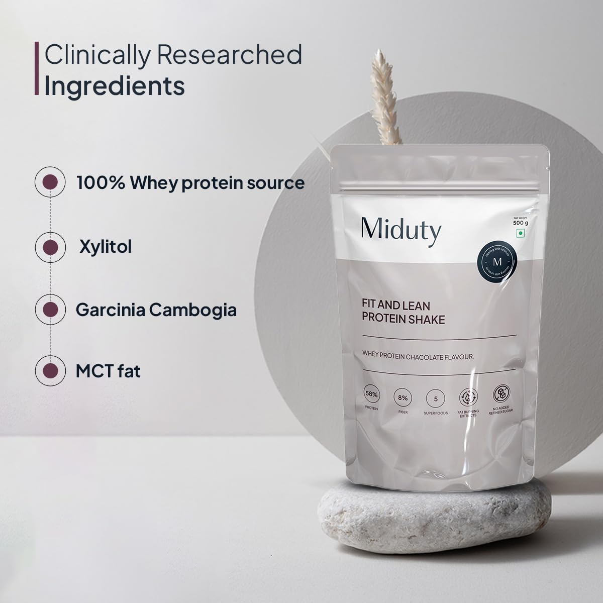 Miduty by Palak Notes Fit N Lean Protein Shake Low-Carb Protein Shake Sweetened with Xylitol & Stevia, Ashwagandha, Garcinia Cambogia, MCT Powder - Lean Protein for Weight Loss - 500 grams