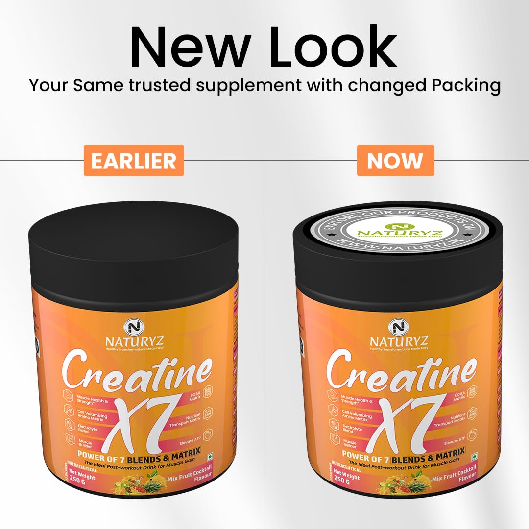 NATURYZ Creatine X7 Pure Micronized Creatine Monohydrate Post Workout drink | Rapid Absorption with Aminos | BCAA | ATP Transport Matrix | Muscle Growth & Strength | Power of 7 Blends | Muscle Builder- 250g(MixFruit Cocktail)