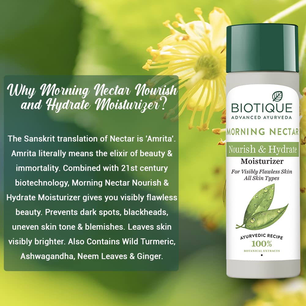 Biotique Morning Nectar Flawless Skin Moisturizer Lotion L Prevents Dark Spots, Blackheads And Blemishes L Visibly Flawless Skin L Nourishes And Hydrates Skin L All Skin Types L 190Ml