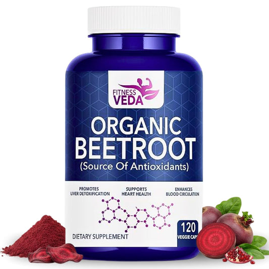 Fitness Veda Organic Beetroot Capsules â€“ 120 Veg Capsules - Heart Health, Blood Pressure & Endurance Support â€“ Rich Antioxidant Capsule - Natural Superfood Supplement â€“ Non-GMO, Gluten-Free
