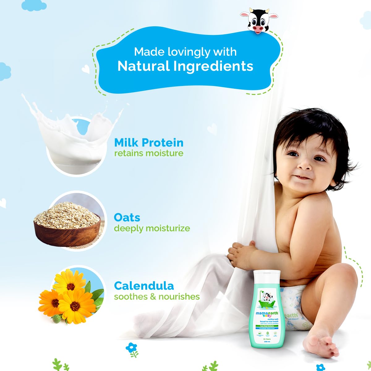 Mamaearth Milky Soft Head to Toe Wash With Oats, Milk, and Calendula for Babies- 200 ml |2-in-1 Tear-Free Body Wash & Shampoo | Moisturizes and Soothes Skin | Travel-friendly Pack
