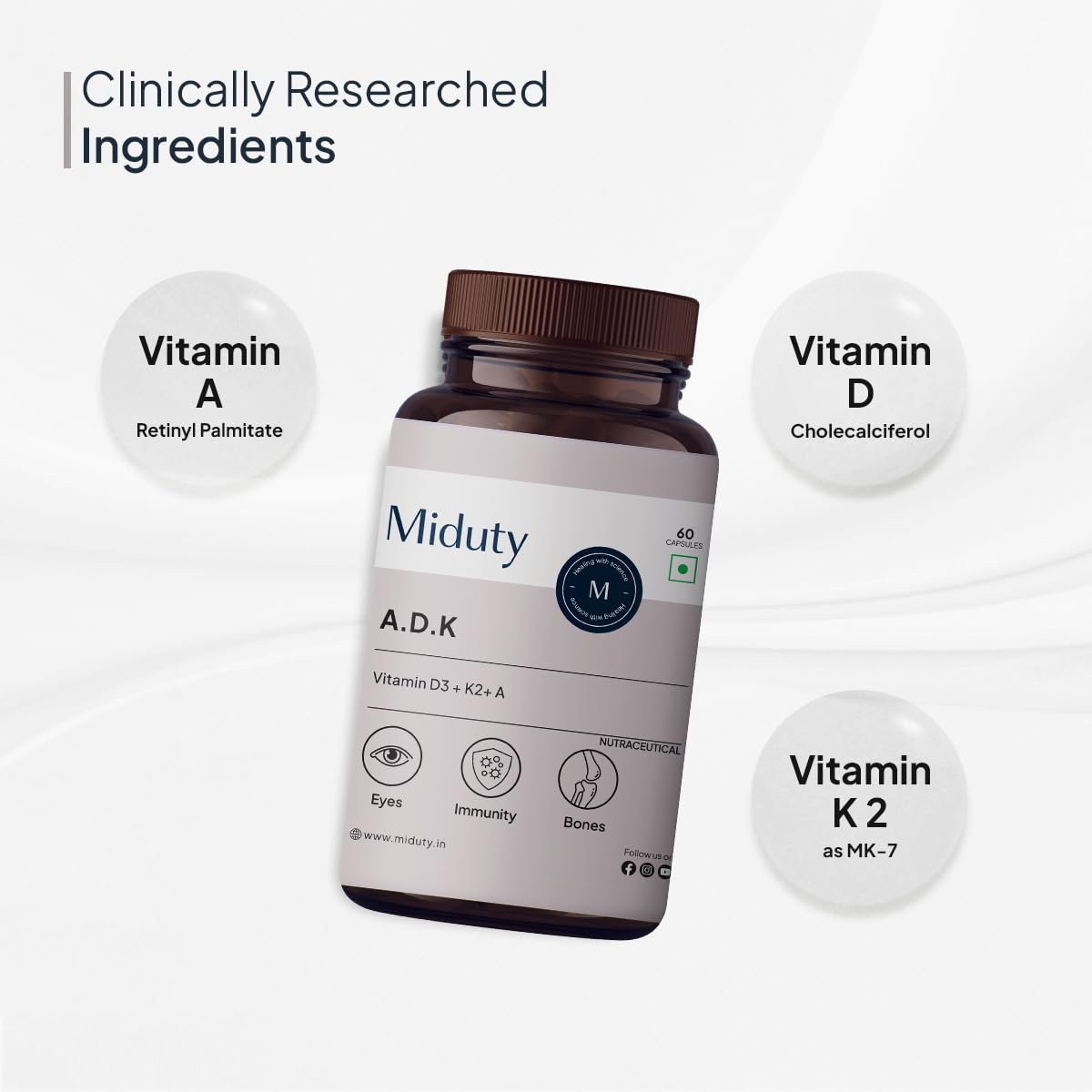Miduty by Palak Notes Vitamin ADK, Vitamin D3 and K2 Supplements, Cholecalciferol Vitamin D3, Boost Immunity, Stronger Bones, Vitamin ADK Supplement, Immunity Booster Capsule - 60 Capsules