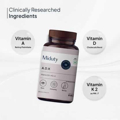 Miduty by Palak Notes Vitamin ADK, Vitamin D3 and K2 Supplements, Cholecalciferol Vitamin D3, Boost Immunity, Stronger Bones, Vitamin ADK Supplement, Immunity Booster Capsule - 60 Capsules