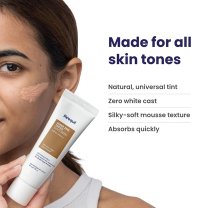 RE' EQUIL Sheer Zinc Tinted Sunscreen, 100% Mineral-Based Sunscreen UVA, UBV, & IR Protection, Water Resistant With SPF 50 PA+++ For All Skin Types, 50g