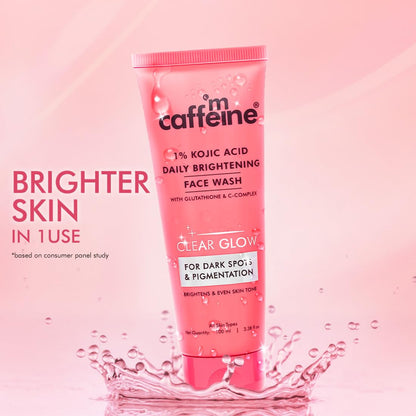 mCaffeine CLEAR GLOW 1% Kojic Acid Daily Brightening Face Wash with Glutathione For Dark Spots & Pigmentation |Brightens Skin |Face Wash For Men & Women | Non-Drying, Fragrance Free - 100ml