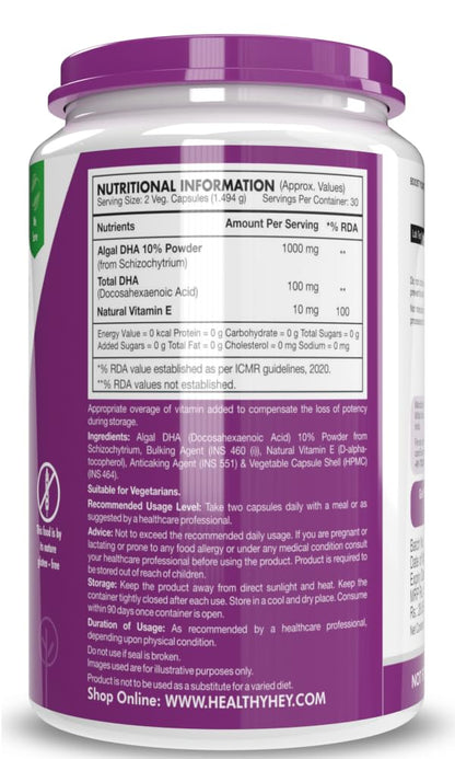 HealthyHey Nutrition Natural Omega 3 - Support Heart, Brain & Joint - Sourced from Algae - Fish Oil-free - 60 Veg Capsules