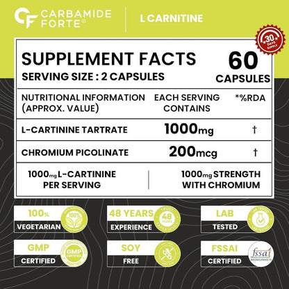 CF Carbamide Forte L Carnitine Supplement 1000mg Capsules for Men & Women | Pre Workout Supplement -Veg Capsules 60 Count