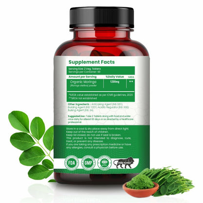 Organic Moringa Tablet with 1200mg Leaves Extract | Powder Tablets for Immunity, Digestion & Energy | Organic Leaves 120 Tablets