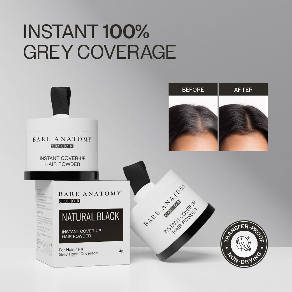 Bare Anatomy Instant Cover-Up Hair Powder | 100% Instant Grey Coverage | Seamless Natural Finish | Gentle, Non-Drying Formula | Black Color | 4gm