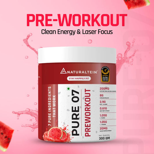 NATURALTEIN PURE 07 Natural Pre-Workout (Watermelon Flavour) 300 Grams | 200 mg Natural Caffeine | 8 G Citrulline Malate | Clean Energy & Endurance | No Artificial Sweeteners & Preservatives,Powder