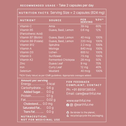 Earthful Multivitamin for Women | 100% Plant, Non-Synthetic | With Biotin, Zinc, Vitamin C, D3 for Immunity, Hair, Skin, Bones & Overall Wellness | 60 Capsules