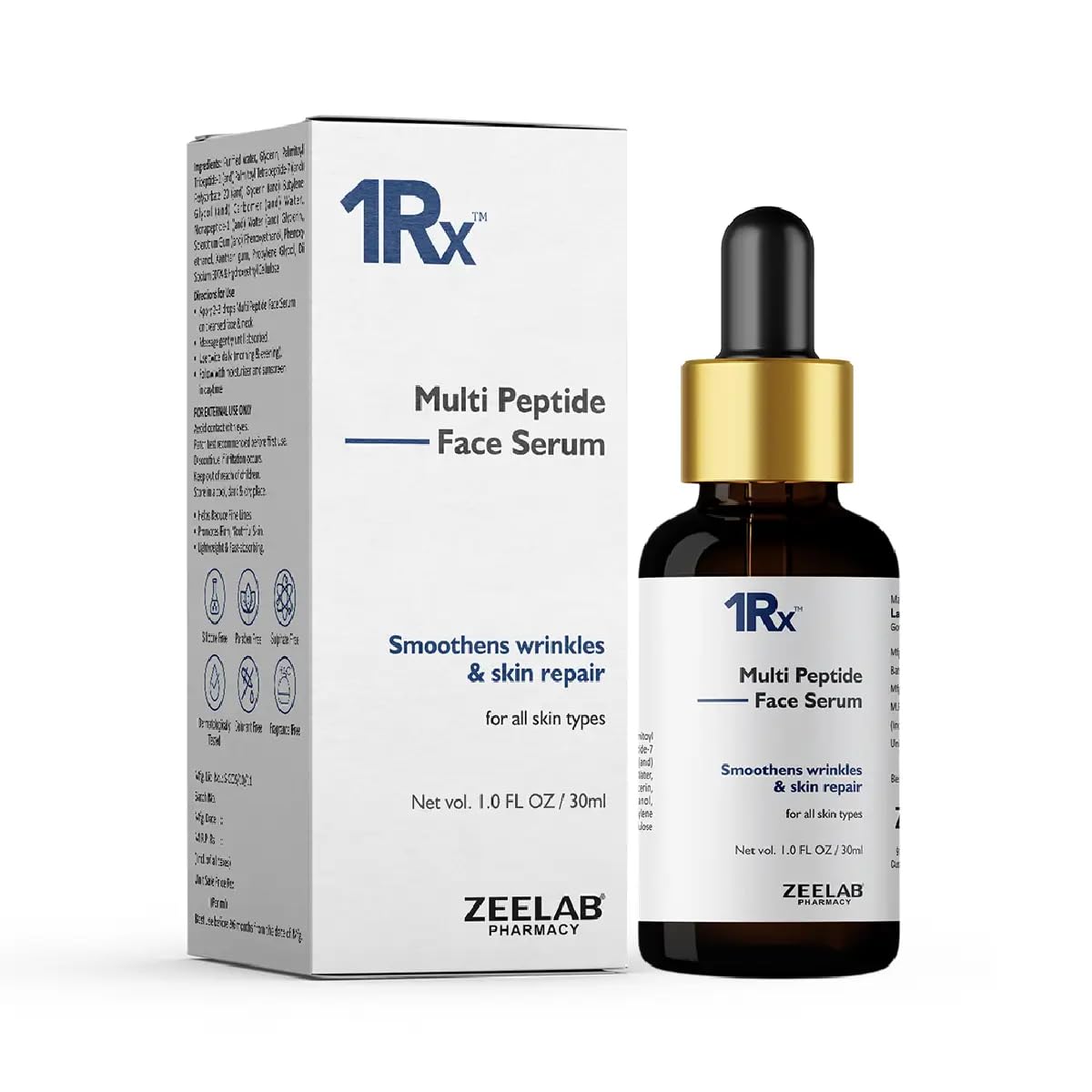 Zeelab 1RX Multi Peptide 10% Face Serum | Hydrating & Skin Smoothing Serum | Lightweight Formula | For All Skin Types | 30ml