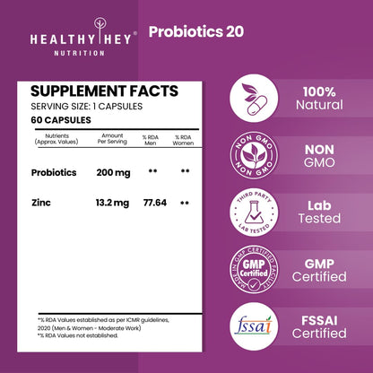 HealthyHey Nutrition Probiotic 20 Billion Cfu Supplement with Delayed - Release Capsules for Temperature Stable, Digestion, and Immune Health - (60 Capsules)