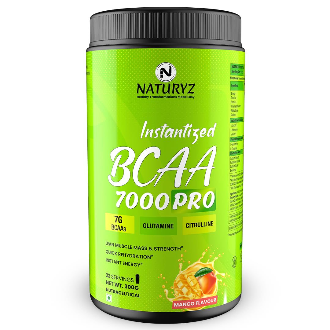 NATURYZ Instantized BCAA 7000 PRO |7G Vegan BCAAs | Glutamine | Citrulline | Electrolytes | 0 Added Sugar | Powerful Pre/Post & Intra Workout Amino for Lean Muscle Growth, Strength, Quick Re-Hydration & Instant Energy - 300g(Mango)