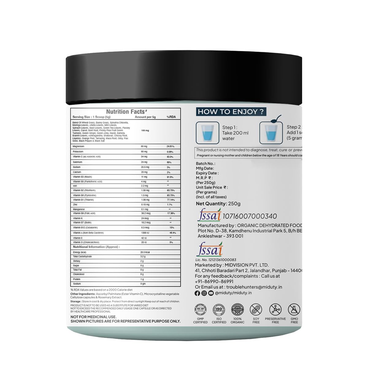 Miduty Palak Notes 100% Organic Super Greens Powder Alkalizing with Wheat Grass, Spirulina, Green Tea, and Moringa Leaves - Ultimate Body Detox & Weight Loss Support - 250 grams