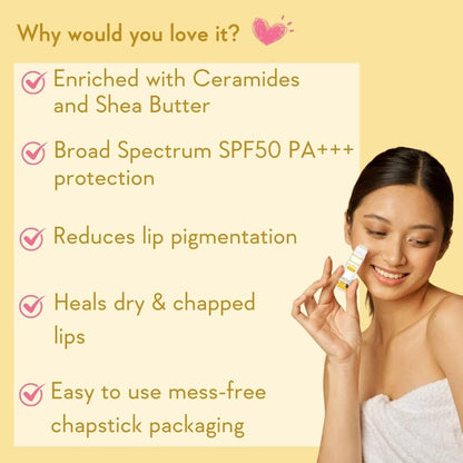 WishCare Ceramide Lip Balm SPF 50 PA+++ | Brightening Lip Balm for Dark Lips | In-Vivo Tested | Kojic Acid & Niacinamide | Natural & Untinted | For Women & Men | 5g