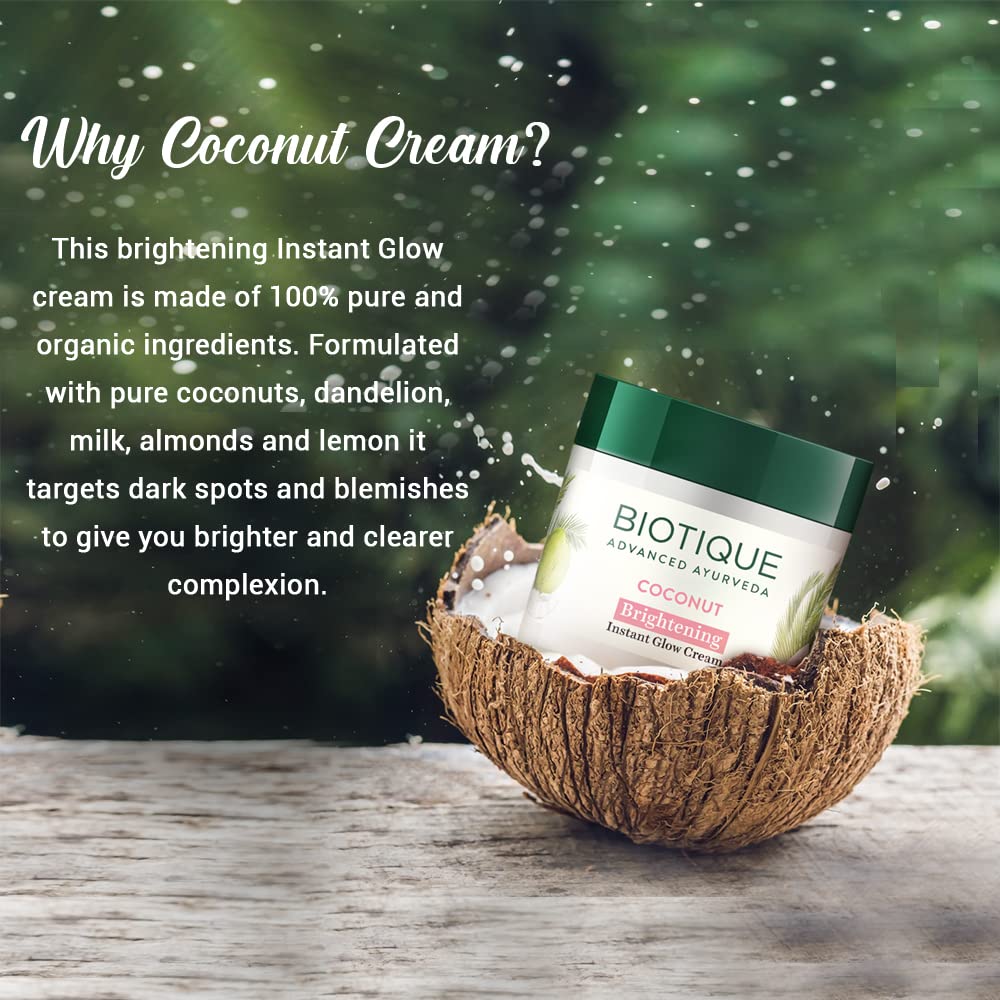 Biotique Coconut Brightening Instant Glow Cream| Lightweight and Non-Greasy | Reduces Dark Spots and Protects Ageing | Nourished and Moisturized Skin |100% Botanical Extracts| All Skin Types | 50gm