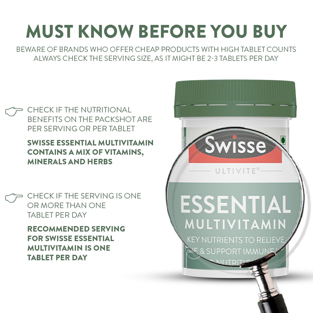 Swisse Essential Multivitamin For Men & Women, 30 Tablets - Vegan Certified Multivitamin with 100% RDA of Vitamin B, Vitamin E, Biotin & Minerals - Australia's No. 1 Multivitamin Brand