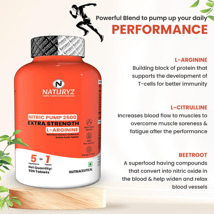 NATURYZ Nitric Pump 2500 Mg Extra Strength L-Arginine | L Citrulline | Caffeine | Boosts Stamina | Energy | Increases Blood Flow | Improves Performance | Ideal Pre-workout Supplement for Men & Women- 50 Tablets