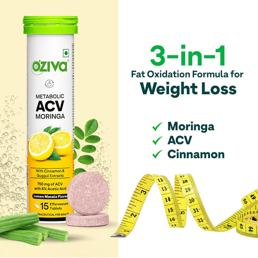 OZiva ACV Moringa | Control Cravings I Apple Cider Vinegar, Cinnamon, Guggul I No Maltodextrin & No Added Sugar I 15 Effervescent Tablets - Lemon Masala, Pack of 2 (30 Tablets)