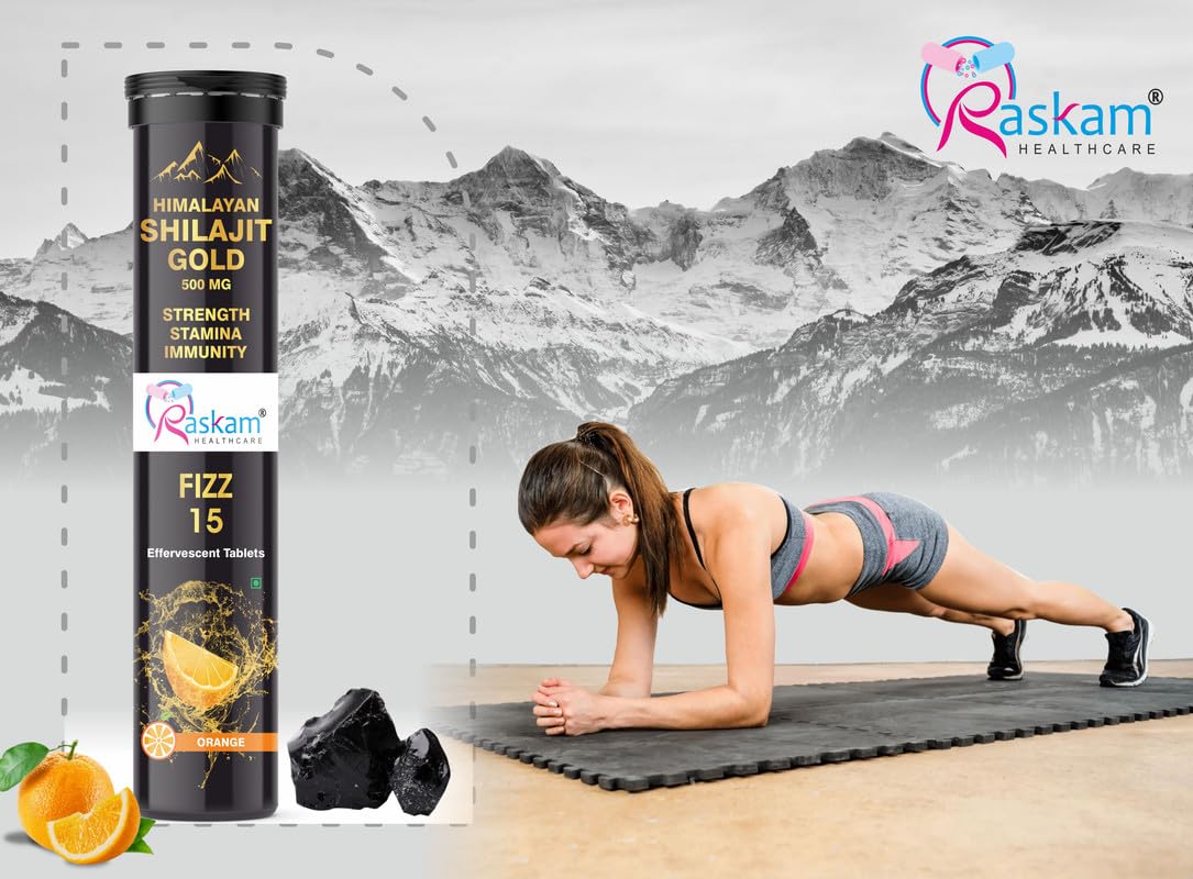 Himalayan Shilajit Gold Fizz 15 Effervescent Tablets (Orange Flavour, 500mg, Pack of 1) | With Ashwagandha, Gokshura & Safed Musli for Strength
