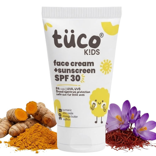 TucoÂ® Kids 2 in 1 Face Cream + Sunscreen SPF 30 with Saffron oil for Kids | Ages 2-5, 5-10, 10-15 | UVA/UVB PA++++ | Broad Spectrum | Benzophenone- 3, Avobenzone Free | 30gm |