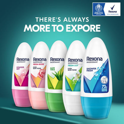 Rexona Fresh Rose Underarm Roll On Deodorant For Women, Antiperspirant With Glycerine, Removes Odour, Keeps Skin Fresh & Clean, Alcohol Free, 50 ml