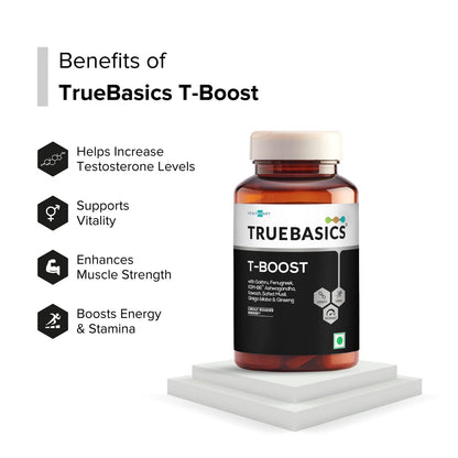 TrueBasics T-Boost,Testosterone Supplement For Men|With Ksm 66 Ashwagandha,Safed Musli,Gokshura,& Ginseng|For Energy,Stamina & Muscle Strength,1 Count,120 Capsules