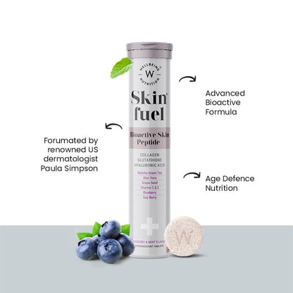Wellbeing Nutrition Skin Fuel | Glutathione & Collagen Tablets | Skin Glow and Radiance for Men & Women | Hyaluronic Acid, Grape Seed, Vitamin E (15 Effervescent Tablets)